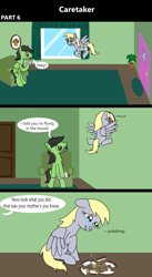 Size: 1920x3516 | Tagged: safe, artist:platinumdrop, derpibooru import, derpy hooves, oc, oc:anon, oc:anon stallion, pegasus, pony, comic:caretaker, 3 panel comic, accident, angry, blood, caretaker, clumsy, comic, commission, crash, crying, damaged, derpy being derpy, destruction, door, ears, excited, faceplant, female, floppy ears, flower, flying, food, front door, happy, i just don't know what went wrong, living room, male, mare, muffin, newspaper, nosebleed, offscreen character, onomatopoeia, open mouth, ouch, painting, picture frame, plant, raised hoof, raised leg, sad, scolding, scrunchy face, sitting, smiling, sofa, sound effects, speech, speech bubble, spread wings, stallion, stern, surprised, talking, tears of sadness, tongue, tongue out, vase, window, wings, wings down, yelling