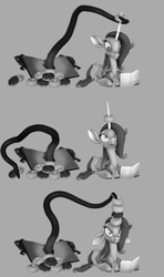 Size: 1920x3240 | Tagged: safe, artist:pika-robo, derpibooru import, fhtng th§ ¿nsp§kbl, oleander, classical unicorn, demon, unicorn, them's fightin' herds, 3 panel comic, 3d, book, cloven hooves, comic, community related, donut, female, food, grayscale, horn, leonine tail, monochrome, oleander is not amused, source filmmaker, tentacles, the uses of unicorn horns, unamused, unicornomicon, unshorn fetlocks