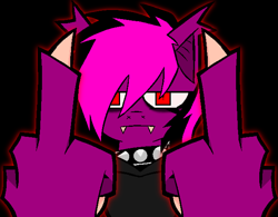 Size: 1282x1000 | Tagged: safe, artist:xxv4mp_g4z3rxx, derpibooru import, oc, oc:violet valium, anthro, bat pony, pony, clothes, collar, eyeshadow, fangs, hand, hoodie, makeup, meme, middle finger, red eyes, solo, spiked collar, two toned mane, vulgar
