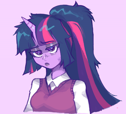 Size: 874x792 | Tagged: safe, alternate version, artist:drizzlingprince, derpibooru import, twilight sparkle, unicorn twilight, anthro, unicorn, bust, clothes, female, lidded eyes, purple background, simple background, solo