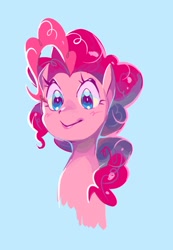 Size: 766x1106 | Tagged: safe, artist:drizzlingprince, derpibooru import, pinkie pie, earth pony, pony, blue background, bust, female, mare, simple background, smiling, solo