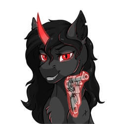 Size: 878x911 | Tagged: safe, artist:monolith_skyline, derpibooru import, oc, oc:shade starlight, pony, unicorn, g1, evil, glowing eyes, gun, lidded eyes, magic, male, simple background, smiling, stallion, transparent background, weapon