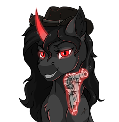 Size: 858x878 | Tagged: safe, artist:monolith_skyline, derpibooru import, oc, oc:shade starlight, pony, unicorn, g1, evil, glowing eyes, gun, hat, hunt showdown, lidded eyes, magic, male, simple background, smiling, stallion, transparent background, weapon