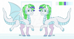 Size: 1232x649 | Tagged: safe, artist:dhabquin, derpibooru import, oc, oc only, dracony, dragon, hybrid, pony, unicorn, claws, color palette, deviantart watermark, dragon wings, interspecies offspring, looking at you, obtrusive watermark, offspring, parent:rarity, parent:spike, parents:sparity, simple background, smiling, smiling at you, solo, spread wings, watermark, white background, wings