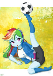 Size: 840x1200 | Tagged: safe, artist:uotapo, derpibooru import, rainbow dash, human, equestria girls, clothes, compression shorts, cute, dashabetes, female, football, hero dash, long hair, missing shoes, open mouth, rainbow dash is best human, rainbow sass, shirt, skirt, socks, solo, sports, stocking feet, sultry pose, sweatshirt, t-shirt, tomboy