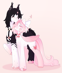 Size: 2695x3143 | Tagged: safe, artist:asusya, derpibooru import, oc, pegasus, pony, unicorn, blushing, bowtie, clothes, female, gradient background, heart, horn, legwear, love, male, mare, oc x oc, pegasus oc, shipping, smiling, stallion, stockings, straight, thigh highs, unicorn oc, unshorn fetlocks