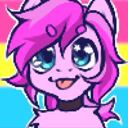 Size: 1344x1350 | Tagged: safe, artist:nokiabat, derpibooru import, oc, oc:violet ray, earth pony, :p, chibi, choker, commission, cute, earth pony oc, front view, pansexual pride flag, pixel art, pride, pride flag, tongue, tongue out, ych result