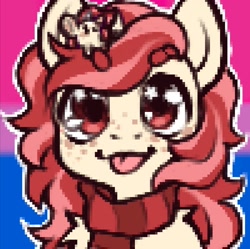 Size: 1362x1357 | Tagged: safe, artist:nokiabat, derpibooru import, oc, oc:rat palette, oc:red palette, unicorn, :p, bisexual pride flag, chibi, clothes, commission, curly hair, cute, front view, horn, pet, pixel art, pride, pride flag, scarf, tongue, tongue out, unicorn oc, ych result