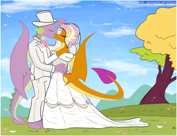 Size: 3300x2550 | Tagged: safe, artist:loreto-arts, derpibooru import, smolder, spike, anthro, dragon, clothes, dragoness, dress, female, hat, kissing, male, older, shipping, spolder, straight, top hat, tuxedo, wedding dress, winged spike, wings