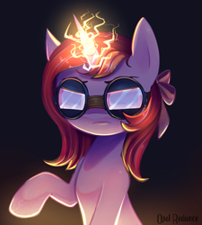 Size: 2344x2603 | Tagged: safe, artist:opal_radiance, derpibooru import, oc, oc:cherry river, pony, unicorn, bow, electricity, goggles, solo, sparks