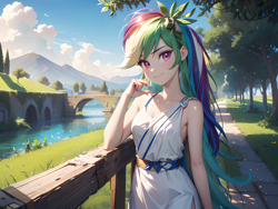 Size: 2048x1536 | Tagged: safe, ai content, derpibooru import, generator:seaart.ai, machine learning generated, rainbow dash, human, beauty mark, bridge, chiton, clothes, cloud, female, grass, greek, greek clothes, human female, humanized, looking at you, mountain, mountain range, path, prompt in description, prompter:tyto4tme4l, river, sky, smiling, smiling at you, solo, tree, water, wood