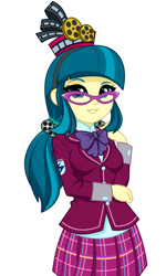 Size: 990x1646 | Tagged: safe, artist:rosemile mulberry, derpibooru import, juniper montage, human, equestria girls, spoiler:eqg specials, bowtie, clothes, clothes swap, crystal prep academy uniform, cute, female, film reel, glasses, junibetes, looking at you, pigtails, school uniform, simple background, skirt, smiling, smiling at you, solo, twintails, updated design, white background