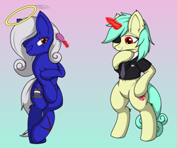 Size: 4300x3600 | Tagged: safe, derpibooru import, oc, oc only, oc:miss yin, oc:seven sister, oc:银小姐, earth pony, unicorn, belly, belly button, bipedal, brushing, brushing mane, clothes, comb, earth pony oc, eye scar, facial scar, featureless crotch, female, gradient background, horn, interchange, magic, mare, nudity, scar, sexy, standing, standing on one leg, unhappy, unicorn oc
