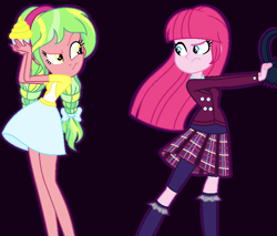 Size: 772x658 | Tagged: safe, artist:sarahalen, derpibooru import, lemon zest, pinkie pie, equestria girls, friendship games, alternate universe, base used, black background, clothes, clothes swap, costume, crystal prep academy uniform, duo, duo female, female, looking at each other, looking at someone, role reversal, school uniform, simple background, uniform