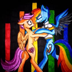 Size: 640x640 | Tagged: artist needed, source needed, safe, derpibooru import, rainbow dash, scootaloo, fanfic:rainbow factory, amputee, artificial wings, augmented, bipedal, clothes, duo, ears, fanfic art, floppy ears, holding each other, lab coat, liquid rainbow, looking at each other, looking at someone, prosthetic limb, prosthetic wing, prosthetics, spectra, torn ear, traditional art, wings