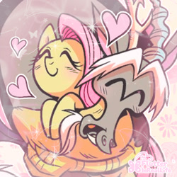 Size: 800x800 | Tagged: safe, derpibooru import, edit, editor:flutterinreallife, idw, discord, fluttershy, draconequus, pegasus, pony, spoiler:comic24, blushing, cropped, discoshy, female, happy, heart, hug, male, shipping, snaggletooth, straight