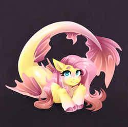 Size: 1928x1911 | Tagged: safe, artist:buvanybu, derpibooru import, fluttershy, merpony, pegasus, seapony (g4), g4, black background, blue eyes, blushing, chest fluff, cute, digital art, dorsal fin, ethereal mane, eyelashes, female, fin, fin wings, fins, fish tail, flowing tail, high res, looking at you, lying down, mare, pink mane, pink tail, seaponified, seapony fluttershy, simple background, smiling, smiling at you, solo, sparkles, species swap, starry mane, starry tail, stars, tail, unshorn fetlocks, wings