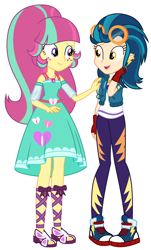 Size: 1452x2408 | Tagged: safe, artist:sarahalen, derpibooru import, indigo zap, sour sweet, equestria girls, alternate universe, clothes swap, duo, duo female, female, role reversal, simple background, white background