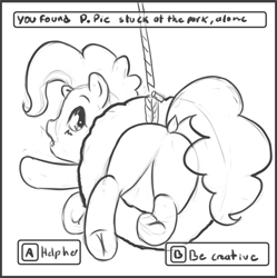 Size: 1720x1726 | Tagged: safe, artist:stratodraw, derpibooru import, pinkie pie, pony, balloonbutt, butt, buttstuck, cute, plot, sketch, solo, stuck, swing, text