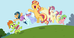 Size: 1840x958 | Tagged: safe, artist:sarahalen, derpibooru import, indigo zap, lemon zest, moondancer, sour sweet, sugarcoat, sunny flare, sunset shimmer, thorax, alicorn, dragon, earth pony, pegasus, pony, unicorn, alternate universe, equestria girls ponified, female, glasses, male, mare, ponified, role reversal, species swap