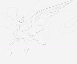 Size: 1280x1055 | Tagged: safe, artist:anekomori, derpibooru import, alicorn, pony, concave belly, curved horn, ethereal mane, ethereal tail, eyelashes, flying, gray background, horn, large wings, long horn, long mane, long tail, looking forward, missing wing, monochrome, open mouth, simple background, sketch, slim, solo, spread wings, sternocleidomastoid, tail, thin, wings