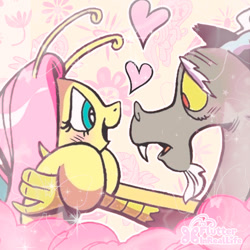 Size: 800x800 | Tagged: safe, derpibooru import, edit, editor:flutterinreallife, idw, discord, fluttershy, draconequus, pegasus, pony, spoiler:comic, spoiler:comic78, blushing, cosmos (arc), cropped, discoshy, female, happy, heart, holding a pony, male, shipping, snaggletooth, straight