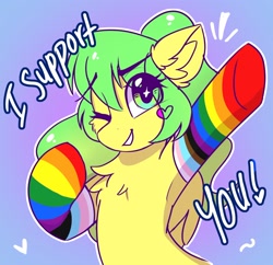 Size: 2048x1983 | Tagged: source needed, safe, artist:sonigiraldo, derpibooru import, oc, oc only, clothes, female, gay pride flag, mare, one eye closed, pride, pride month, socks, transgender pride flag, wink