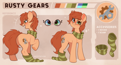 Size: 3203x1729 | Tagged: safe, artist:rexyseven, derpibooru import, oc, oc only, oc:rusty gears, earth pony, pony, blue eyes, blushing, closed mouth, clothes, earth pony oc, female, freckles, frog (hoof), green eyes, heterochromia, looking at you, looking at youopen mouth, mare, nose wrinkle, raised hoof, raised leg, reference sheet, scarf, smiling, smiling at you, sock, socks, solo, sparkles, standing, striped scarf, striped socks, text, underhoof