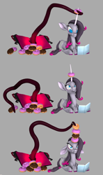 Size: 1920x3240 | Tagged: safe, artist:pika-robo, derpibooru import, fhtng th§ ¿nsp§kbl, oleander, classical unicorn, demon, unicorn, them's fightin' herds, 3 panel comic, 3d, book, cloven hooves, comic, community related, donut, female, food, gray background, horn, horn impalement, leonine tail, long horn, oleander is not amused, simple background, source filmmaker, tail, tentacles, the uses of unicorn horns, unamused, unicornomicon, unshorn fetlocks