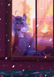 Size: 2800x4000 | Tagged: safe, artist:yuozka, derpibooru import, oc, oc:luny, pegasus, pony, coffee, cute, female, mare, rug, solo, window, winter