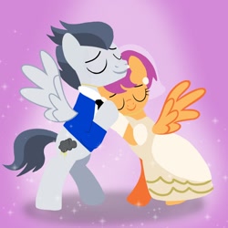 Size: 1400x1400 | Tagged: safe, artist:mlplary6, derpibooru import, rumble, scootaloo, pegasus, pony, bride, clothes, dancing, dress, eyes closed, female, groom, husband and wife, just married, male, mare, marriage, married couple, older, older rumble, older scootaloo, rumbloo, shipping, stallion, straight, tuxedo, wedding, wedding dress