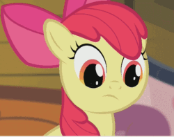 Size: 502x397 | Tagged: safe, screencap, apple bloom, earth pony, pony, adorabloom, animated, bow, confused, cute, episode needed, female, filly, foal, hair bow, happy, smiling, solo