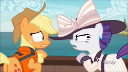 Size: 1280x720 | Tagged: safe, derpibooru import, screencap, applejack, rarity, ppov, season 6, angry, applebutt, applejack's hat, boat, bow, butt, clothes, cowboy hat, discovery family, discovery family logo, dress, ear piercing, earring, freckles, hat, jewelry, lifejacket, logo, looking at each other, looking at someone, ocean, piercing, plot, raristocrat, rose dewitt bukater, titanic, water