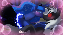 Size: 1920x1080 | Tagged: safe, artist:faith-wolff, derpibooru import, nightmare moon, princess luna, alicorn, pony, fanfic:the bridge, crooked horn, crossover, crossover shipping, crying, eyes closed, fanfic art, female, godzilla (series), godzilla junior, horn, kiss on the lips, kissing, lunazilla, male, mare, red sclera, shipping, stallion, wide eyes
