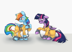 Size: 2000x1463 | Tagged: safe, artist:dimleyd, derpibooru import, rainbow dash, twilight sparkle, twilight sparkle (alicorn), alicorn, bound wings, chained, chains, clothes, duo, prison outfit, prisoner, prisoner rd, prisoner ts, wings
