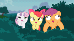 Size: 1920x1080 | Tagged: safe, artist:misterdavey, derpibooru import, apple bloom, scootaloo, sweetie belle, earth pony, pegasus, pony, unicorn, adorabloom, adoracreepy, animated, creepy, cute, cutealoo, cutie mark crusaders, derpy gets pranked, diasweetes, female, filly, foal, gif, hooves on cheeks, laughing, open mouth, open smile, smiling, trio, trio female