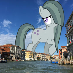 Size: 1080x1080 | Tagged: safe, artist:fruft, derpibooru import, edit, editor:jaredking779, marble pie, earth pony, pony, female, giant pony, giantess, hair over one eye, highrise ponies, irl, italy, macro, mare, photo, ponies in real life, raised hoof, raised leg, solo, southern europe, venice