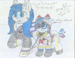 Size: 3300x2550 | Tagged: safe, artist:fliegerfausttop47, derpibooru import, oc, oc only, oc:bashful interceptor, oc:dark, bat pony, cat, cat pony, original species, plane pony, 2023 april fools, april fools 2023, artists error, badge, bat pony oc, black mane, blue eyes, blue mane, bracelet, cheek fluff, chest fluff, clothes, coat markings, colt, combat medic, confused, cute, cute little fangs, cyan eyes, daaaaaaaaaaaw, description is relevant, ear fluff, ears, fangs, foal, funny, glasses, gray coat, heterochromia, hooves, jacket, jewelry, leather, leather jacket, looking at someone, looking at something, male, medal, medic, new lunar republic, ocbetes, officer, offscreen character, pants, paws, plane, plz, pointing, red eyes, signature, simple background, solar empire, stallion, story included, traditional art, uniform, unsure, white background