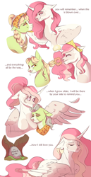 Size: 1280x2489 | Tagged: safe, artist:primrosepaper, derpibooru import, granny smith, princess celestia, alicorn, earth pony, pony, crack shipping, crying, duo, ears, female, floppy ears, grannylestia, gravestone, hoof on chin, immortality blues, lesbian, looking at each other, looking at someone, magic, mare, pink-mane celestia, shipping, simple background, story included, telekinesis, tree, white background, young granny smith, younger
