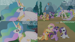 Size: 2000x1125 | Tagged: safe, derpibooru import, edit, edited screencap, editor:quoterific, screencap, applejack, fluttershy, princess celestia, rainbow dash, rarity, twilight sparkle, unicorn twilight, unicorn, swarm of the century, royal guard