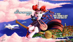 Size: 1250x725 | Tagged: safe, artist:jamescorck, derpibooru import, oc, oc:movie slate, cat, pony, unicorn, broom, flying, kiki's delivery service, solo