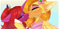 Size: 5520x2760 | Tagged: safe, artist:honeybbear, derpibooru import, oc, oc only, pegasus, unicorn, duo, eyes closed, female, glasses, gradient background, kiss on the lips, kissing, mare