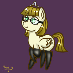 Size: 800x800 | Tagged: safe, artist:yumomochan, derpibooru import, zippoorwhill, pegasus, pony, clothes, female, filly, foal, glasses, jewelry, purple background, raised hoof, raised leg, simple background, smiling, socks, solo, tiara