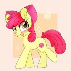 Size: 1080x1080 | Tagged: safe, artist:twiliset, derpibooru exclusive, derpibooru import, apple bloom, earth pony, pony, adorabloom, apple, apple bloom's bow, blushing, bow, cute, female, filly, foal, food, hair bow, happy, looking at you, open mouth, open smile, simple background, smiling, smiling at you, solo