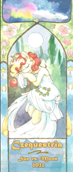 Size: 329x771 | Tagged: safe, artist:lightisanasshole, derpibooru import, oc, oc:miss libussa, pony, unicorn, banner, clothes, convention, convention art, cute, czequestria, dress, female, flower, messy mane, night, reference, slee, solo, text, traditional art, tree, watercolor painting, wings