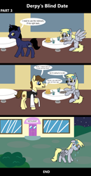 Size: 1920x3688 | Tagged: safe, artist:platinumdrop, derpibooru import, derpy hooves, oc, earth pony, pegasus, pony, unicorn, comic:derpy's blind date, 3 panel comic, blind date, burger, chair, cheese, clothes, comic, commission, crumbs, crying, date, diner, drink, dumped, ears, eating, female, floppy ears, flower, flower in hair, food, hay burger, male, mare, messy eating, muffin, munching, pizza, restaurant, sad, sauce, sitting, speech, speech bubble, stallion, straw, table, talking, tears of sadness, uniform, waiter, wings, wings down