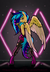 Size: 1610x2289 | Tagged: safe, artist:sweetpea-and-friends, derpibooru import, oc, oc only, oc:koa, anthro, unguligrade anthro, clothes, ear piercing, earring, female, glam rock, jewelry, legwear, lidded eyes, looking at you, looking back, looking back at you, microphone, piercing, ripped stockings, scene hair, solo, sparkles, spread wings, stage, stockings, thigh highs, torn clothes, wings