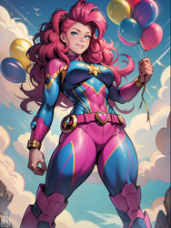 Size: 1536x2048 | Tagged: safe, ai content, derpibooru import, generator:seaart.ai, machine learning generated, pinkie pie, human, balloon, captain marvel (marvel), cloud, humanized, marvel, marvel comics, outdoors, prompter:neondash, sky, solo, supergirl
