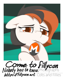 Size: 1050x1260 | Tagged: safe, artist:pcf, derpibooru import, oc, oc:monero, earth pony, pony, art pack:fillycon, art pack, cryptocurrency, explicit source, female, filly, foal, looking at you, lying down, monero, on back, photo, solo, text