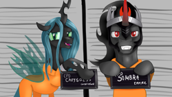 Size: 1920x1080 | Tagged: safe, artist:jbond, derpibooru import, king sombra, queen chrysalis, changeling, changeling queen, pony, unicorn, barbie, barbie mugshot meme, clothes, duo, fangs, female, male, meme, mugshot, prison outfit